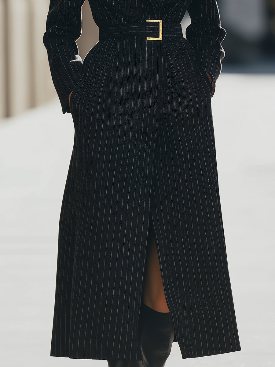 Aurora | Structured Pinstripe Belted Long Coat - Elle & Milo