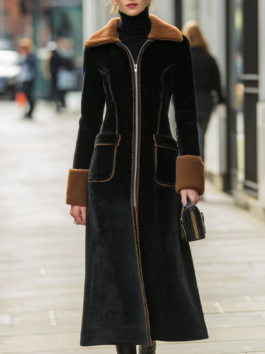 Elena | Long Plush Coat with Elegant Contrast Trim - Elle & Milo