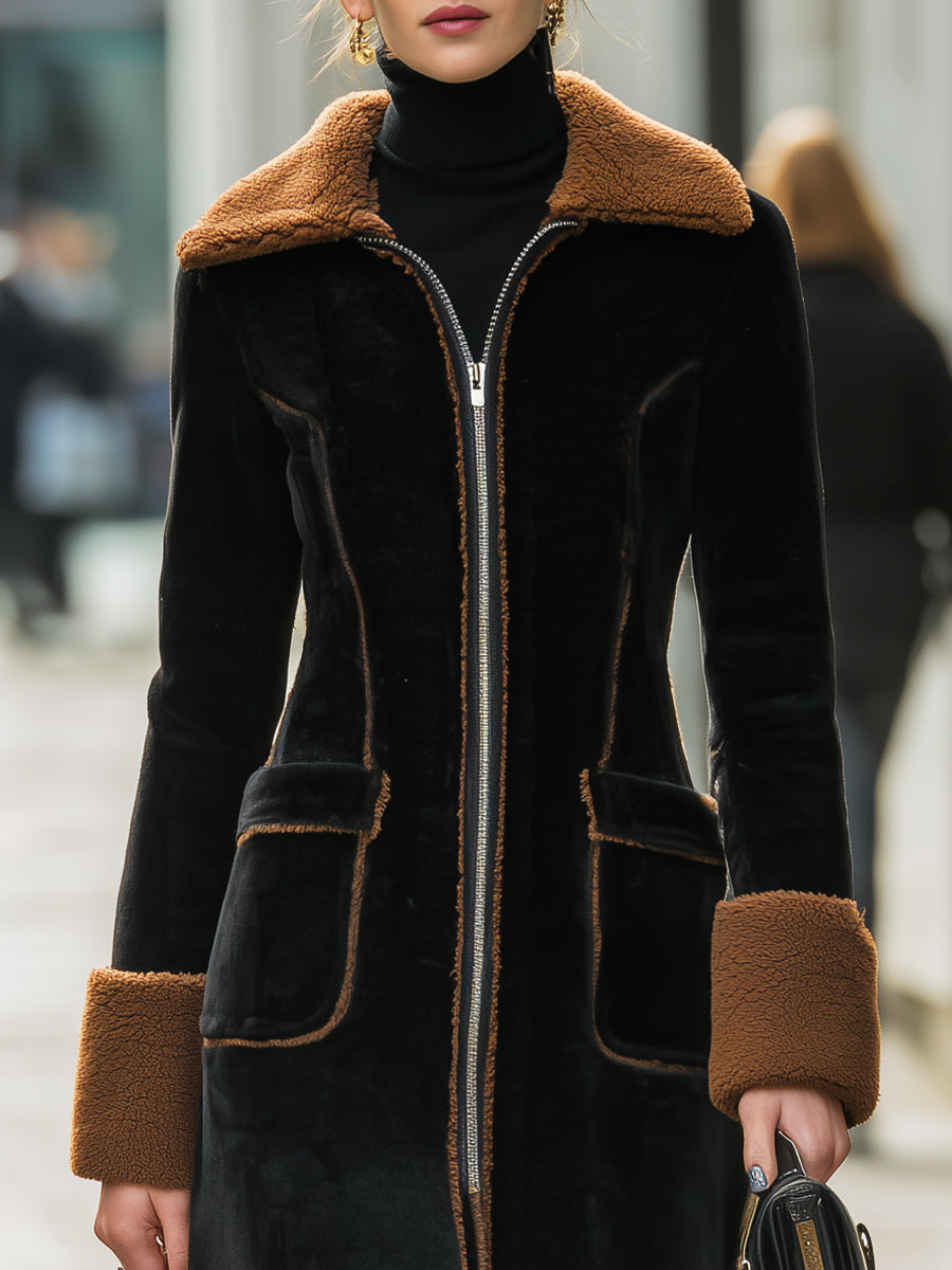 Elena | Long Plush Coat with Elegant Contrast Trim - Elle & Milo