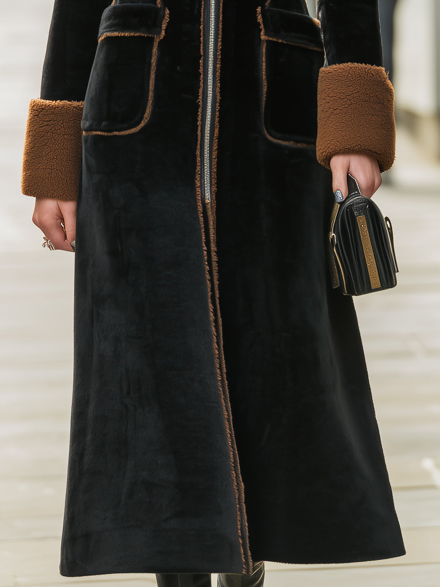 Elena | Long Plush Coat with Elegant Contrast Trim - Elle & Milo
