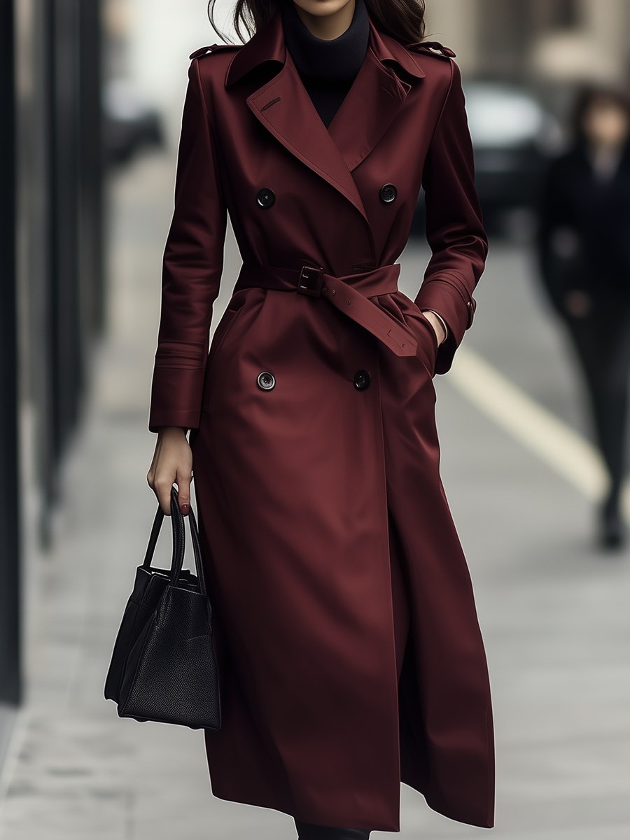 Elena | Double-Breasted Belted Trench Coat in Burgundy - Elle & Milo