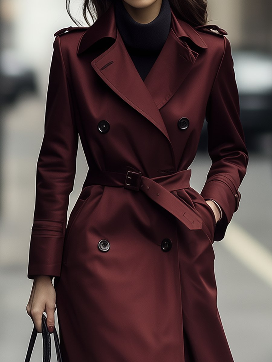Elena | Double-Breasted Belted Trench Coat in Burgundy - Elle & Milo