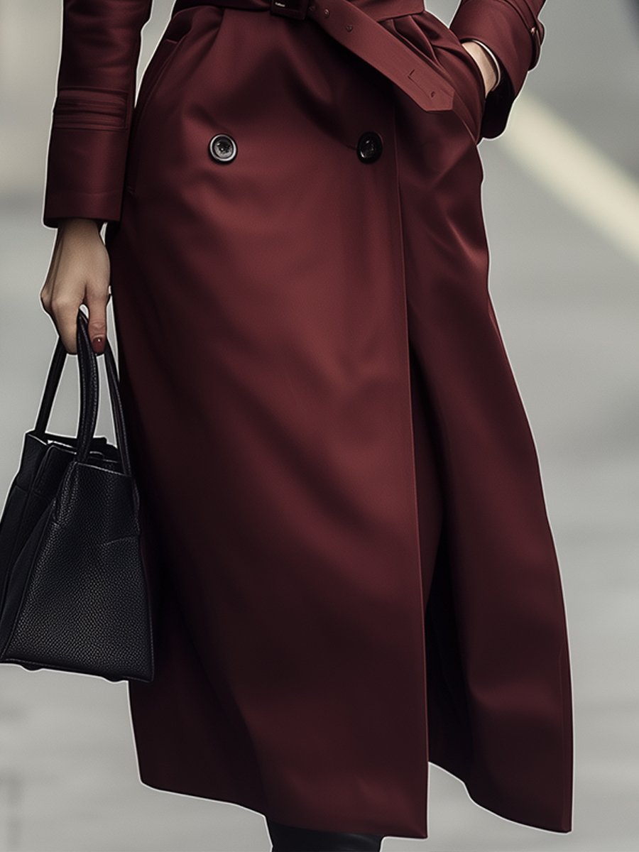 Elena | Double-Breasted Belted Trench Coat in Burgundy - Elle & Milo