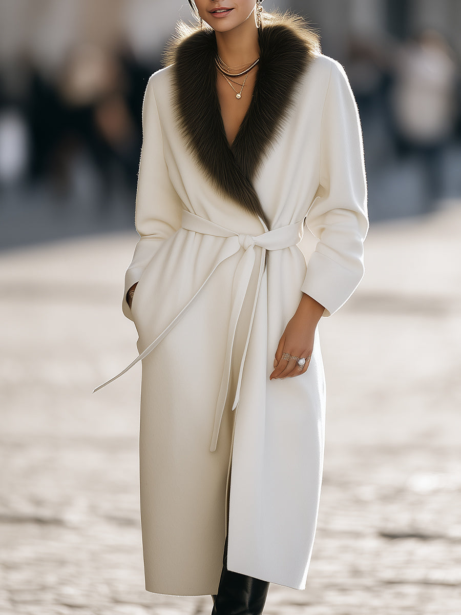 Elena | Wool Coat with Fur Collar and Belt - Elle & Milo