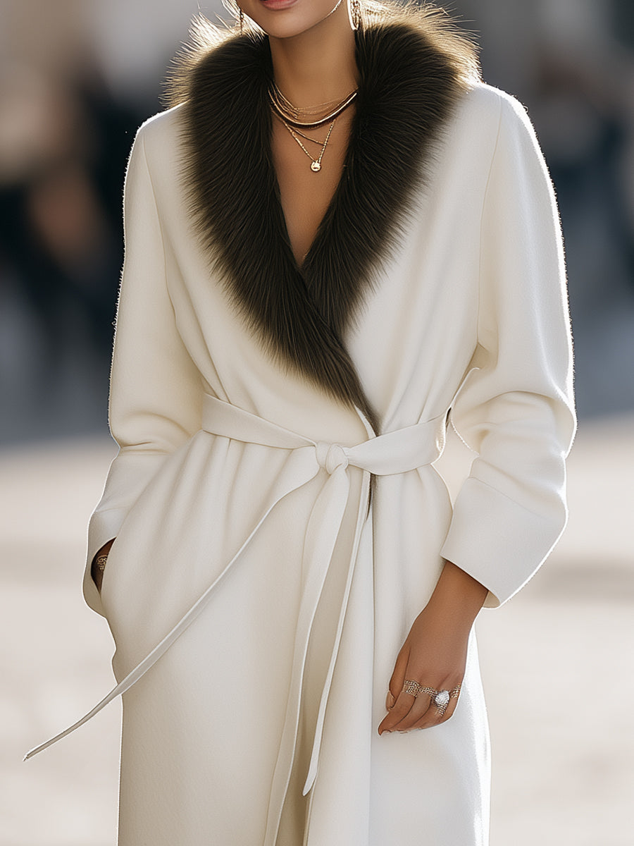 Elena | Wool Coat with Fur Collar and Belt - Elle & Milo