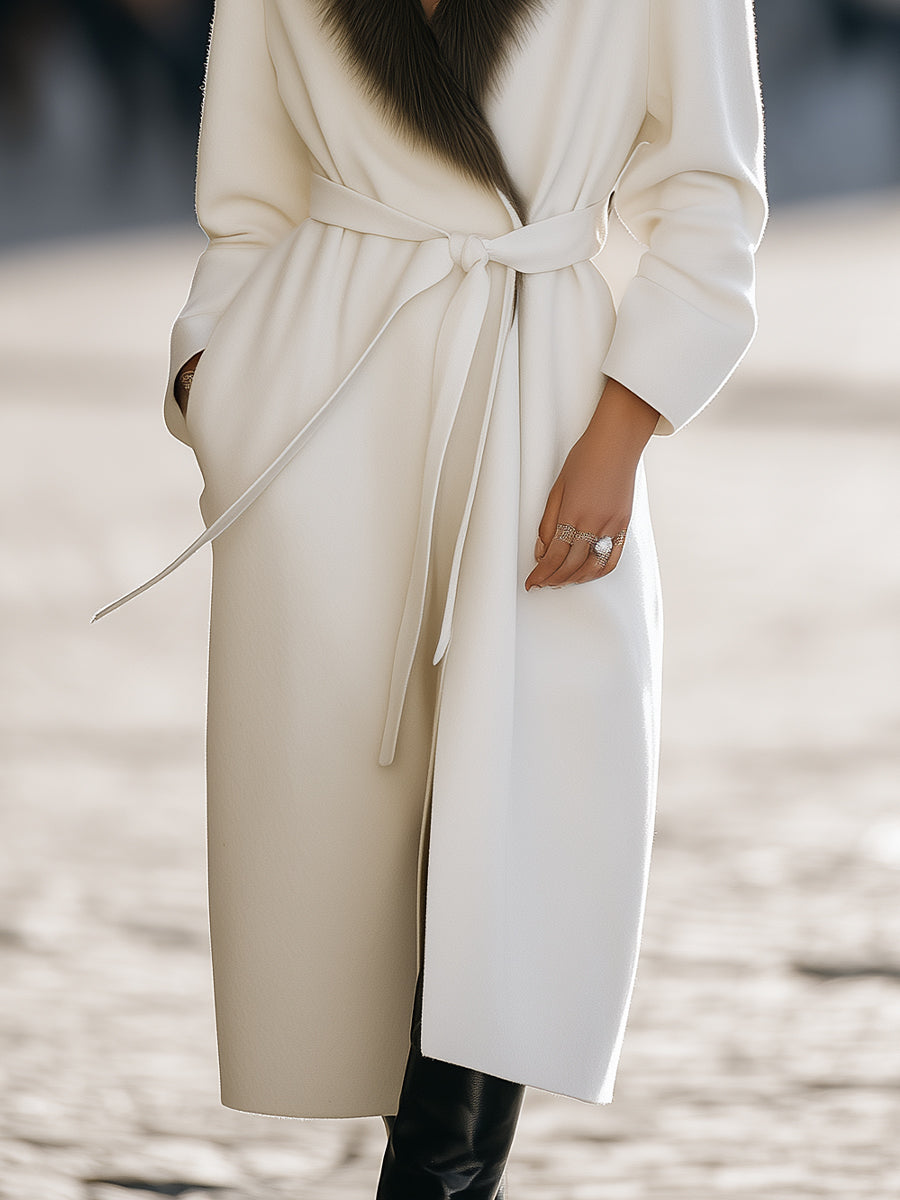 Elena | Wool Coat with Fur Collar and Belt - Elle & Milo