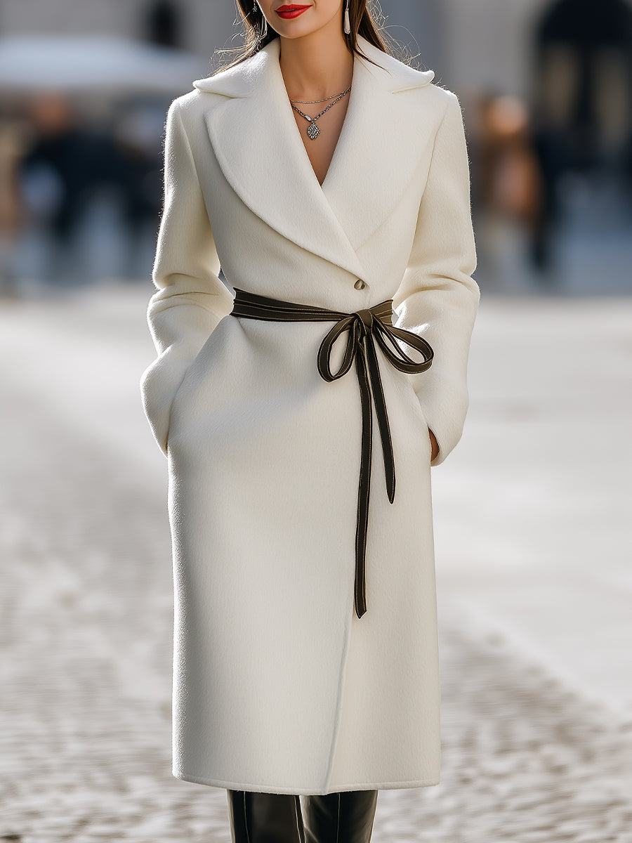 Ivory | Wool-Blend Coat With Contrast Tie Belt - Elle & Milo
