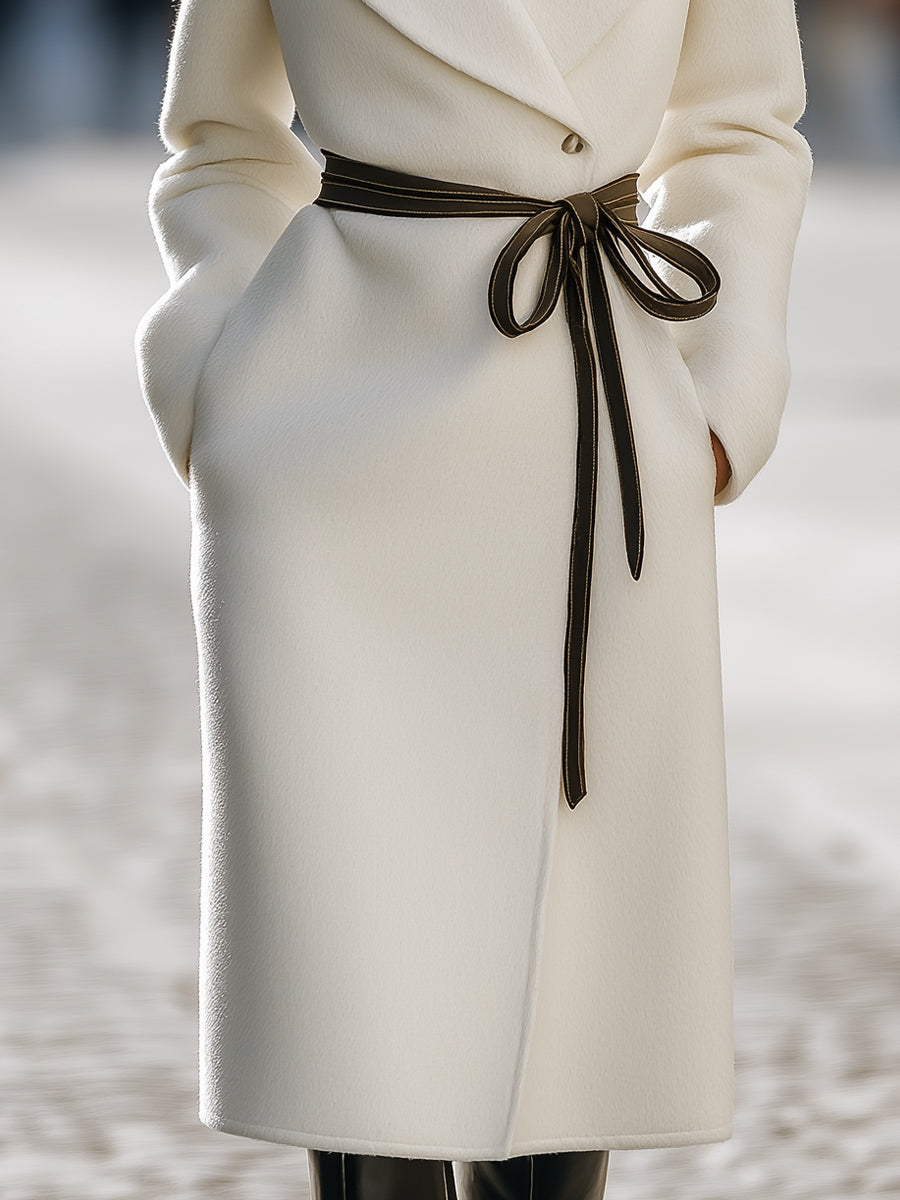 Ivory | Wool-Blend Coat With Contrast Tie Belt - Elle & Milo