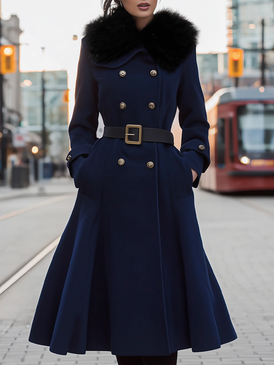 Elena | Double-Breasted Belted Midi Coat with Faux Fur Collar - Elle & Milo