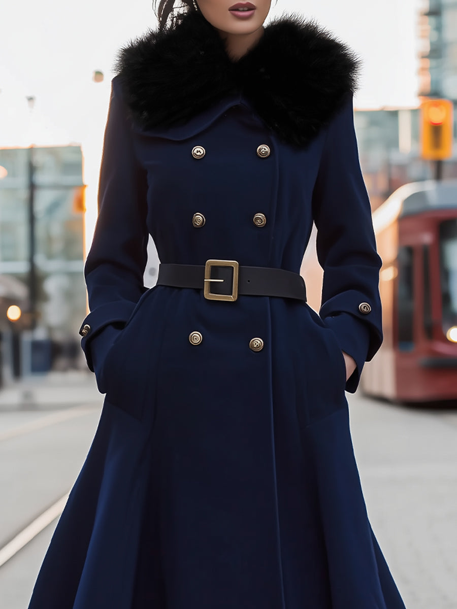 Elena | Double-Breasted Belted Midi Coat with Faux Fur Collar - Elle & Milo