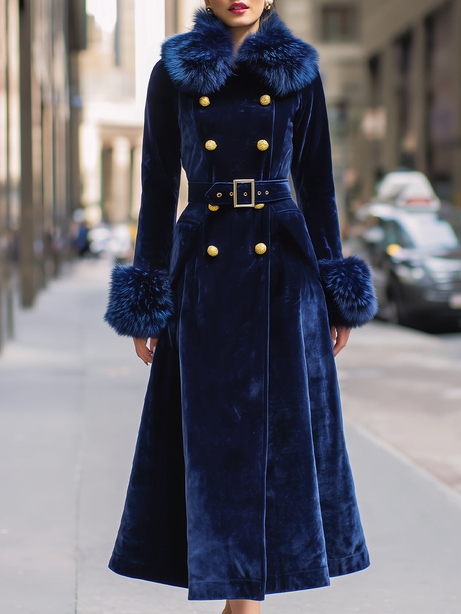 Royal Velvet | Double-Breasted Faux Fur Trim Long Coat - Elle & Milo