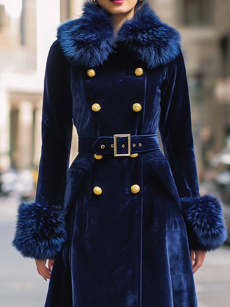 Royal Velvet | Double-Breasted Faux Fur Trim Long Coat - Elle & Milo