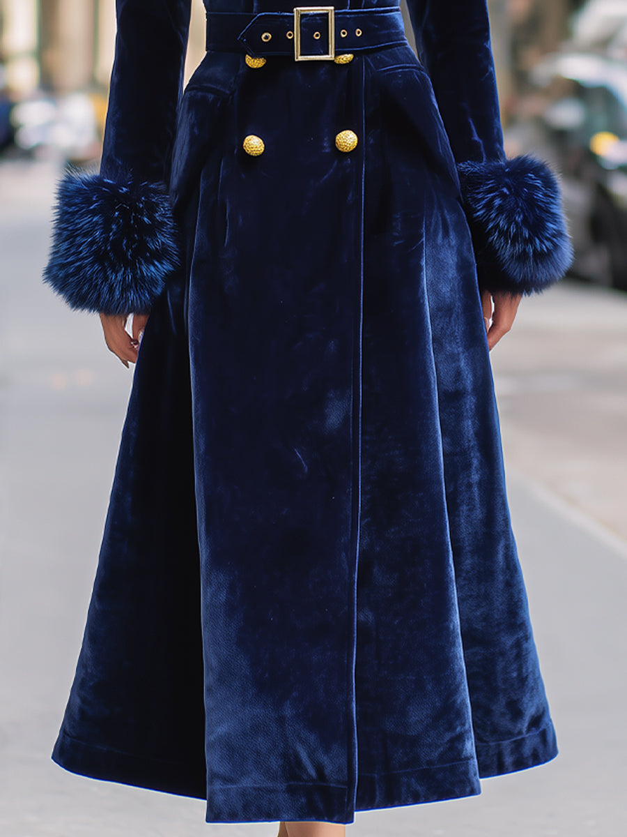 Royal Velvet | Double-Breasted Faux Fur Trim Long Coat - Elle & Milo