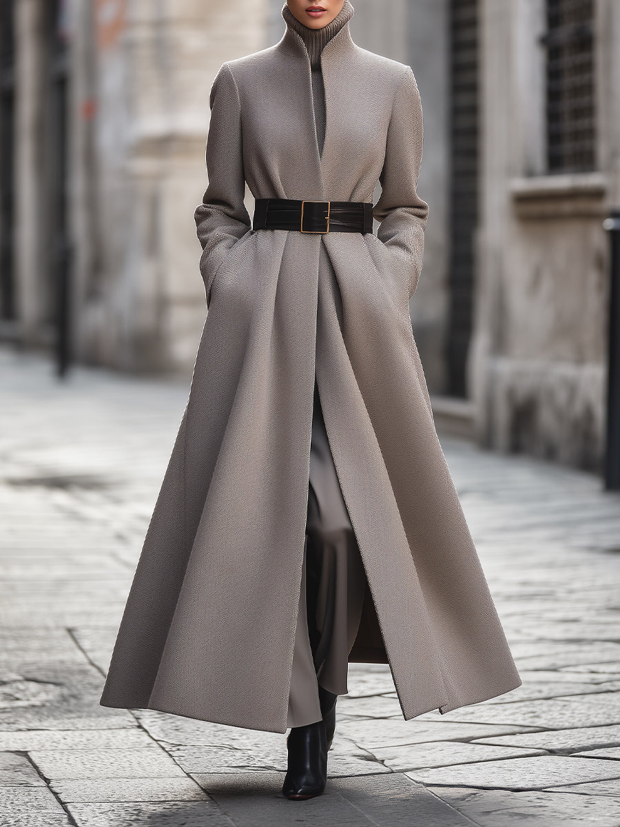 Elena | High-Collar Longline Coat with Belt - Elle & Milo