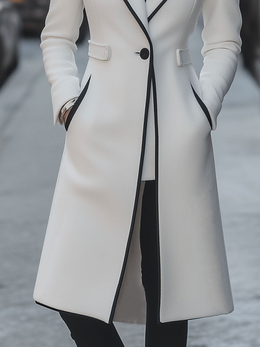 Isabelle | Long White Coat Contrast Trim - Elle & Milo