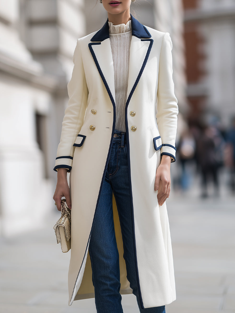 Elena | Double-Breasted Coat with Navy Contrast Trim - Elle & Milo