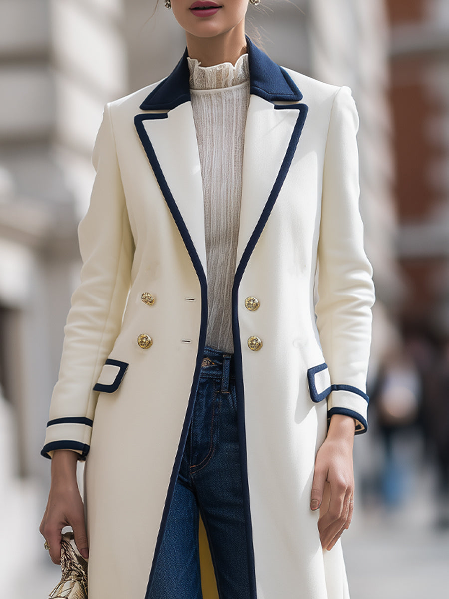 Elena | Double-Breasted Coat with Navy Contrast Trim - Elle & Milo