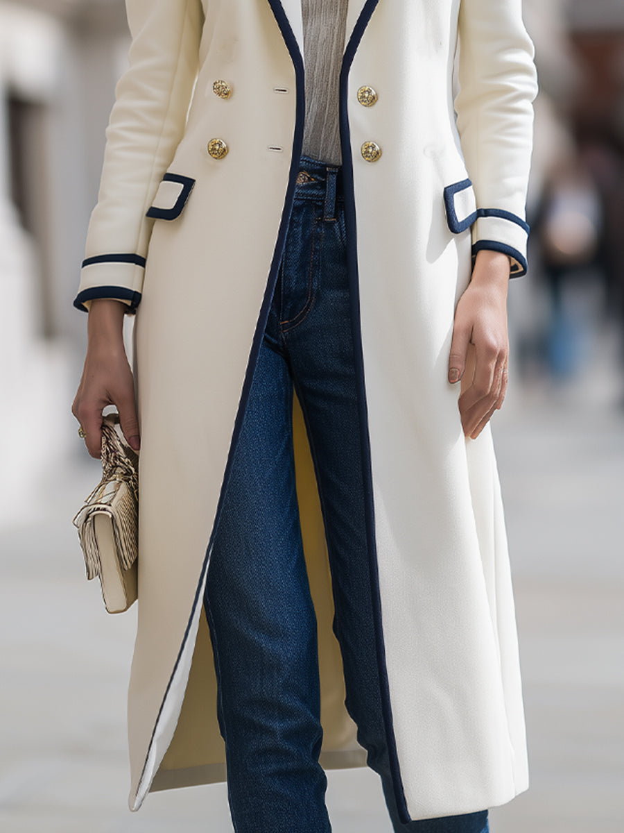 Elena | Double-Breasted Coat with Navy Contrast Trim - Elle & Milo
