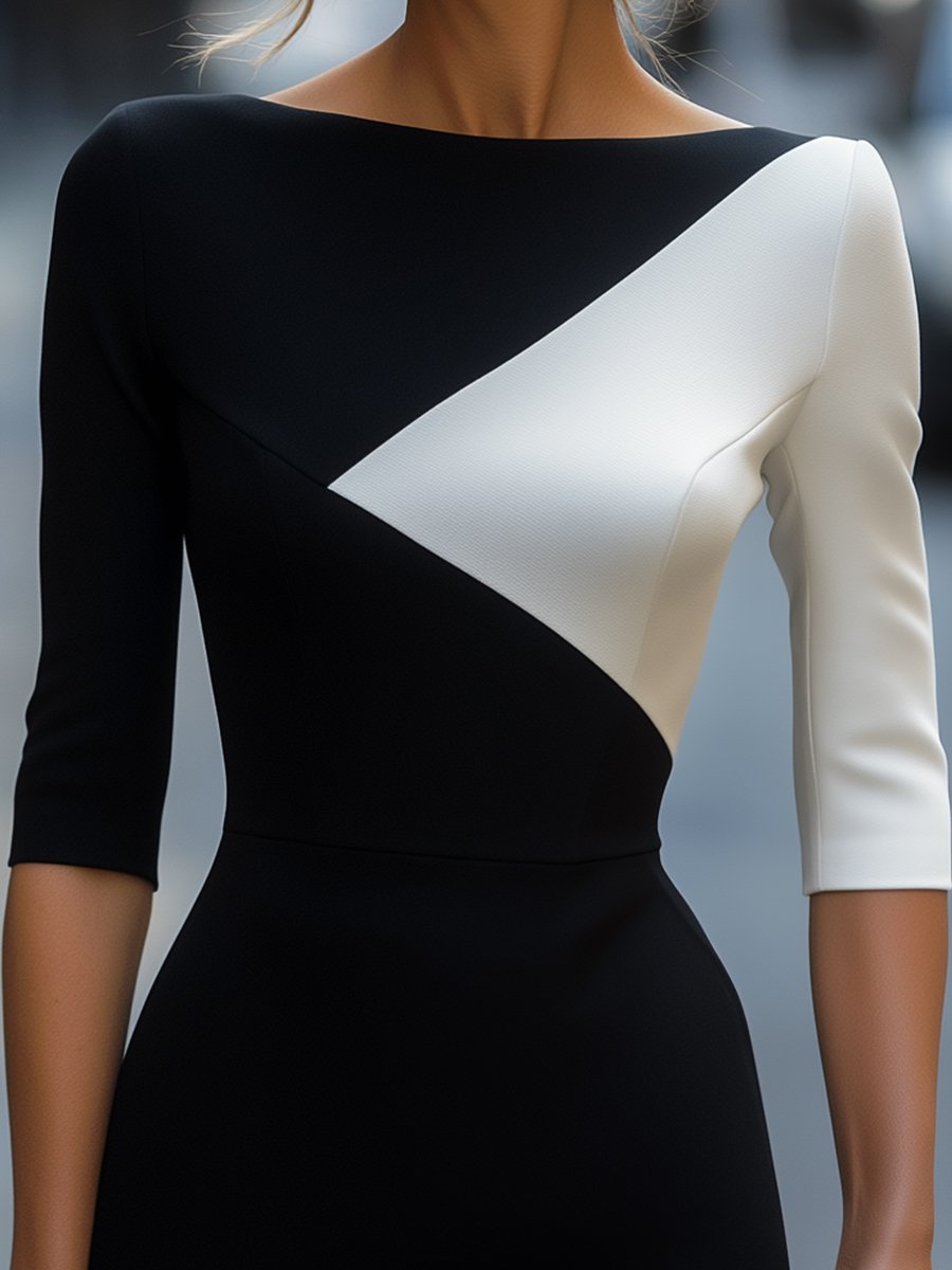 Luna | Black White Colorblock Midi Dress - Elle & Milo