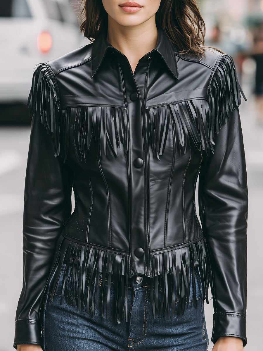 Elena | Faux Leather Jacket with Black Fringe - Elle & Milo