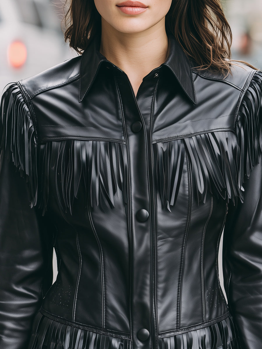 Elena | Faux Leather Jacket with Black Fringe - Elle & Milo