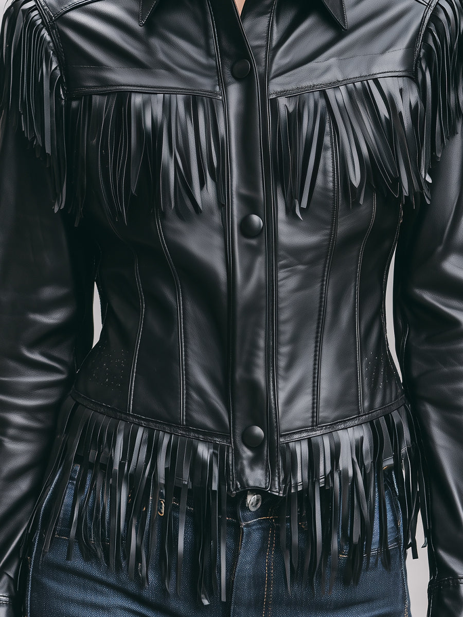 Elena | Faux Leather Jacket with Black Fringe - Elle & Milo