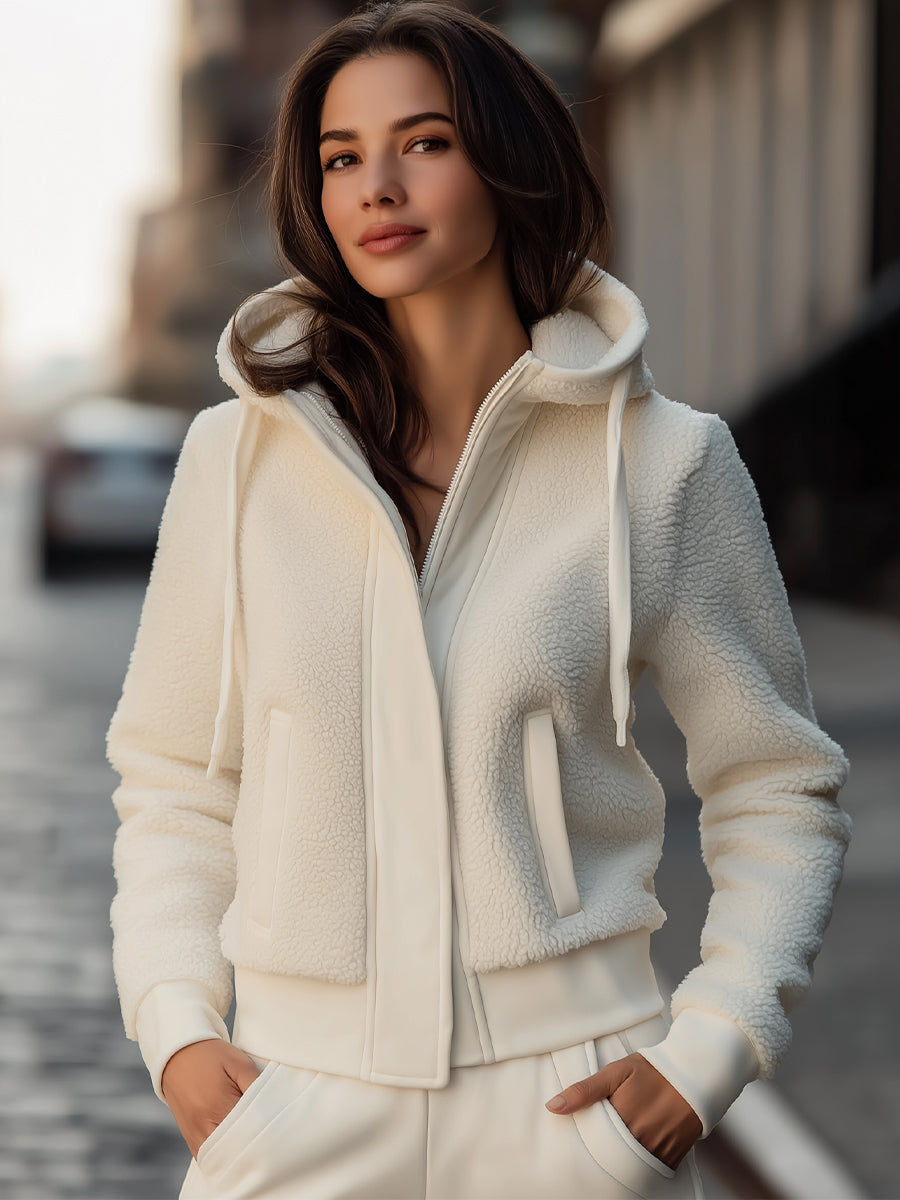Elena | Hooded Jacket with Contrast-Trim Fleece Patchwork - Elle & Milo