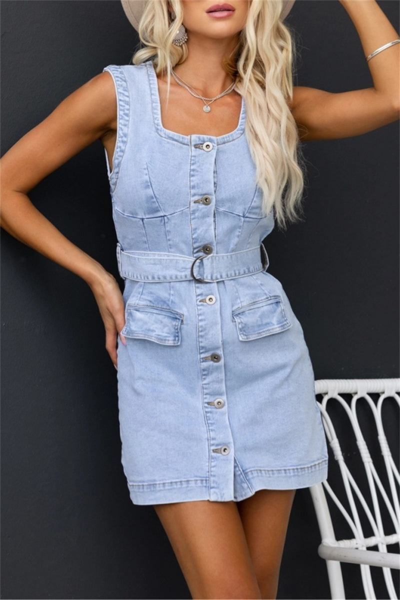 Lyra | Sleeveless Button-Down Denim Dress - Elle & Milo