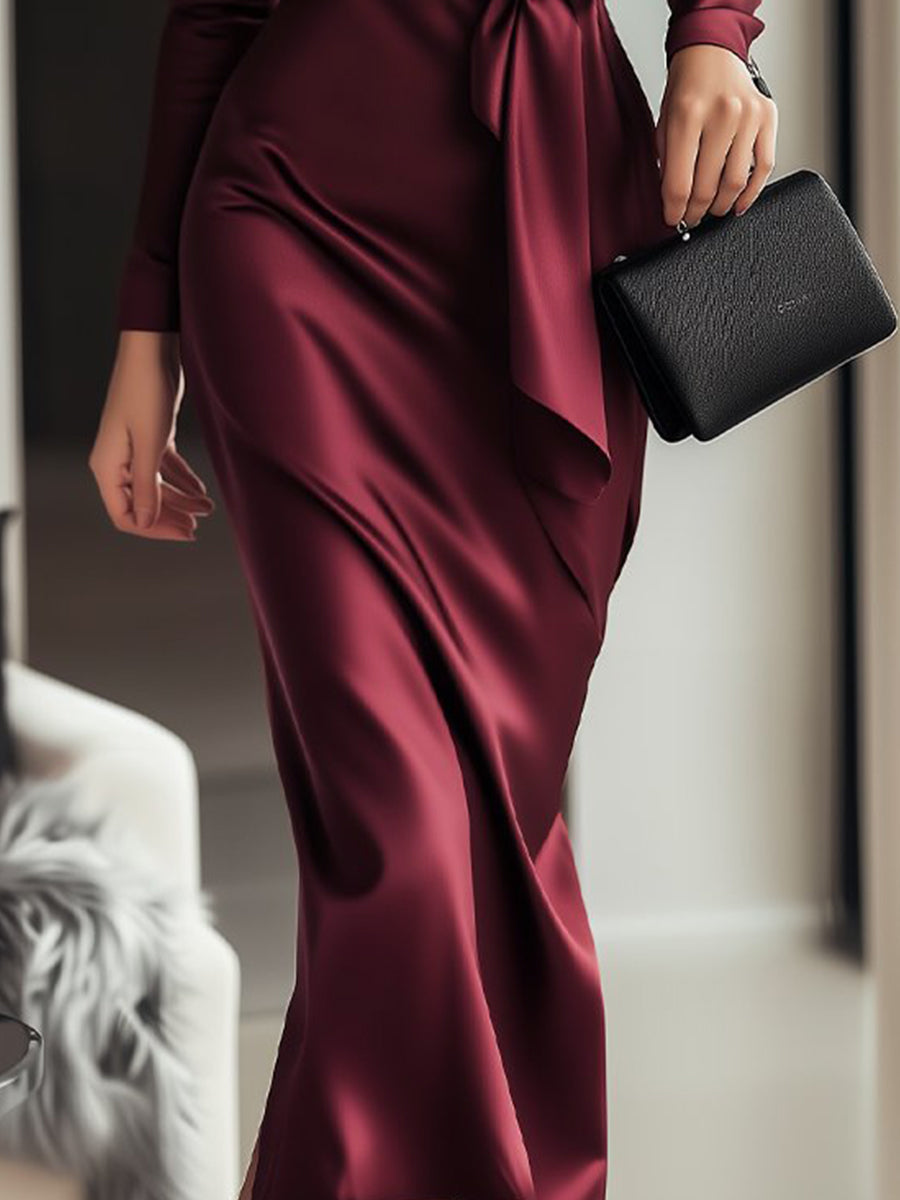 Isabelle | Burgundy Satin Wrap Dress - Elle & Milo