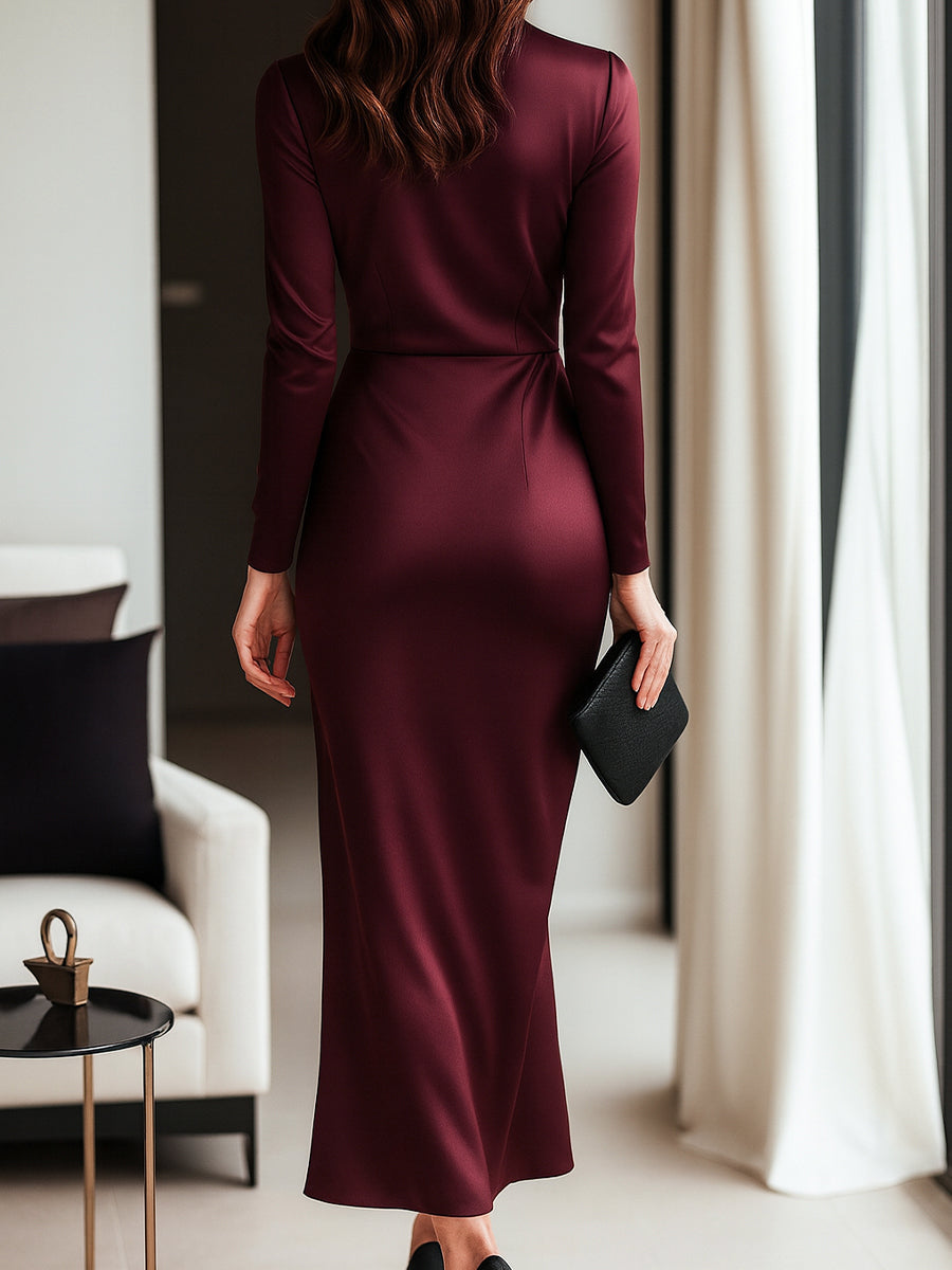 Isabelle | Burgundy Satin Wrap Dress - Elle & Milo