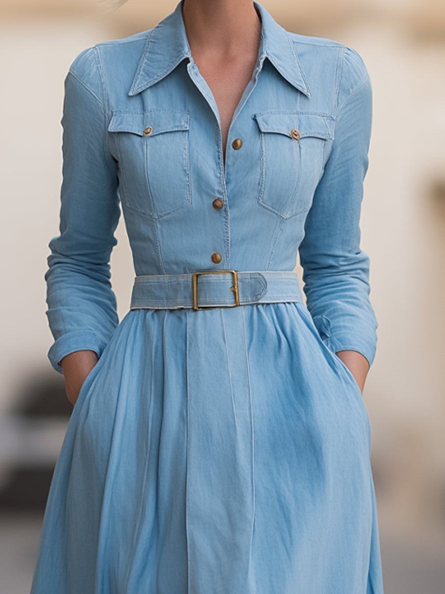 Isabelle | Belted Denim Shirt Dress - Elle & Milo