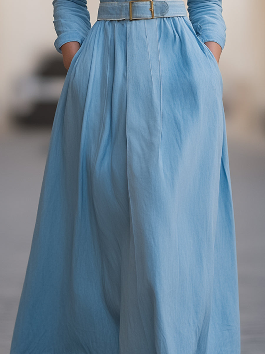 Isabelle | Belted Denim Shirt Dress - Elle & Milo