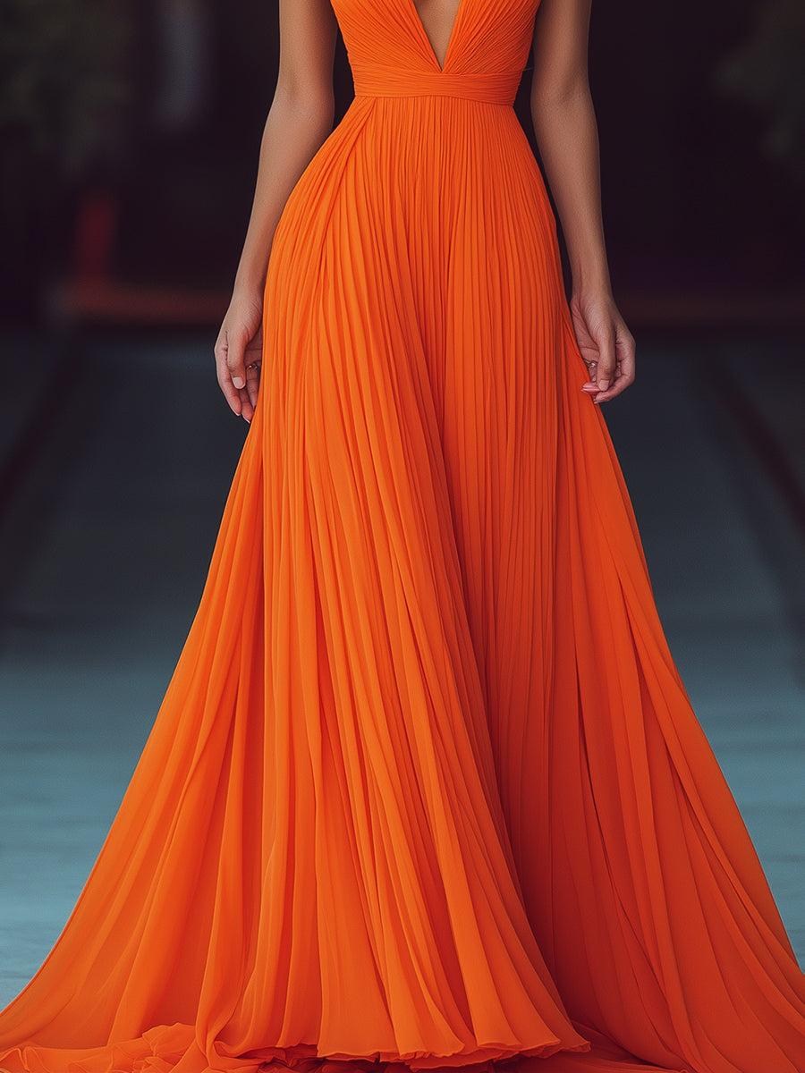 Isla | V Neck Halter Pleat Maxi Dress - Elle & Milo
