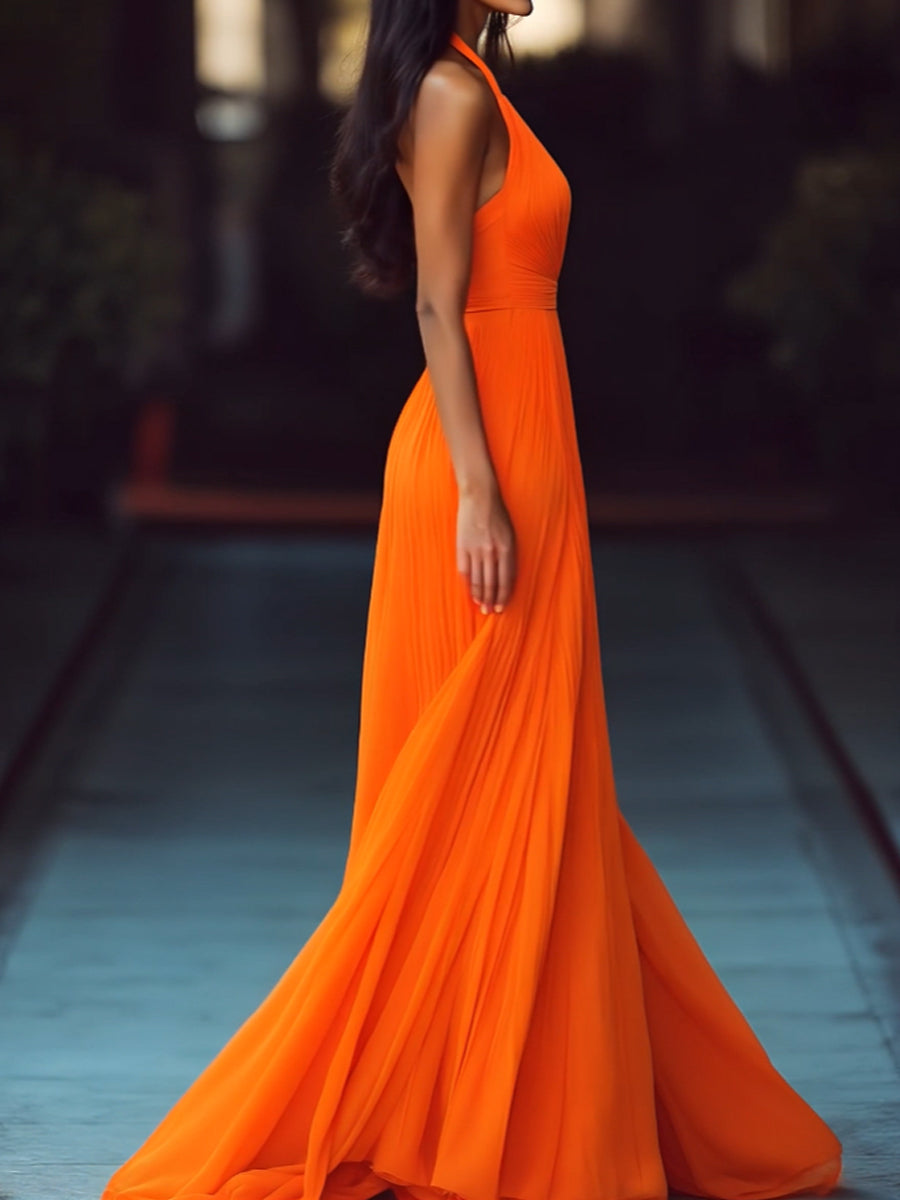 Isla | V Neck Halter Pleat Maxi Dress - Elle & Milo