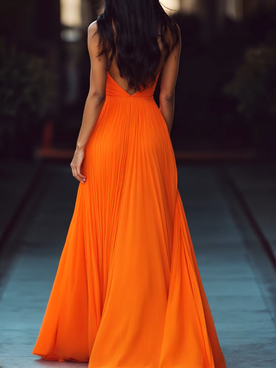 Isla | V Neck Halter Pleat Maxi Dress - Elle & Milo