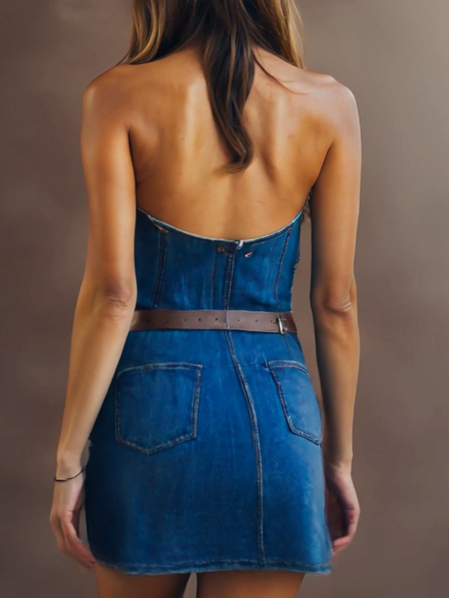 Isabelle | Halter Denim Mini Dress - Elle & Milo