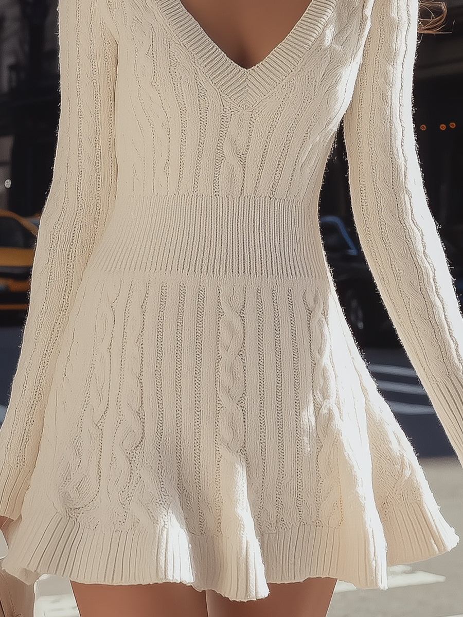 Luna | Cable Knit V-Neck Sweater Dress - Elle & Milo