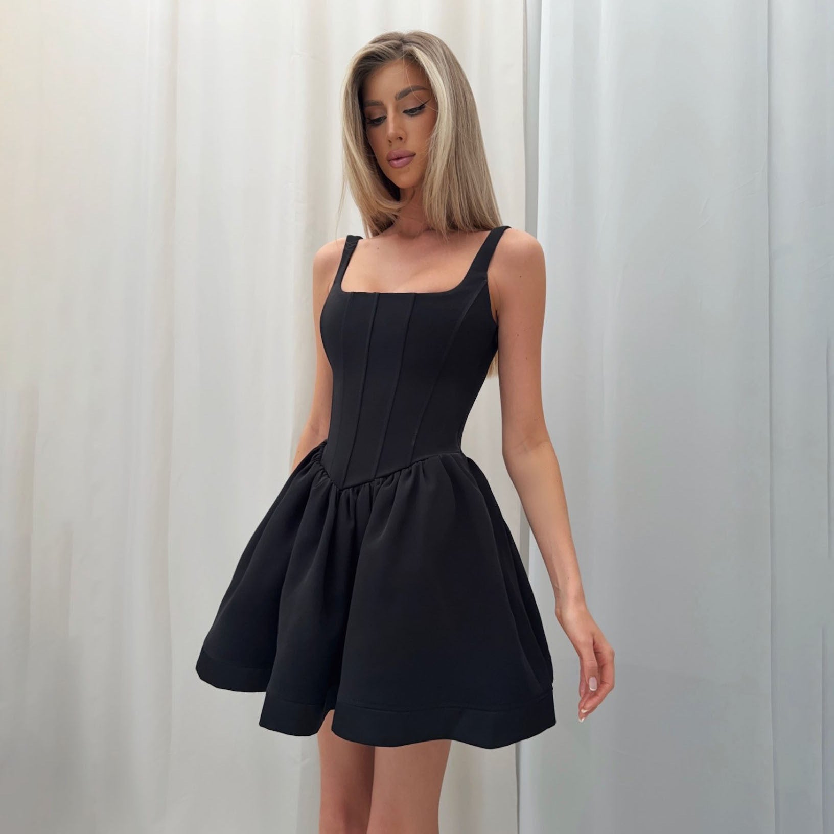 Aria | Satin Mini Dress Square Neck - Elle & Milo