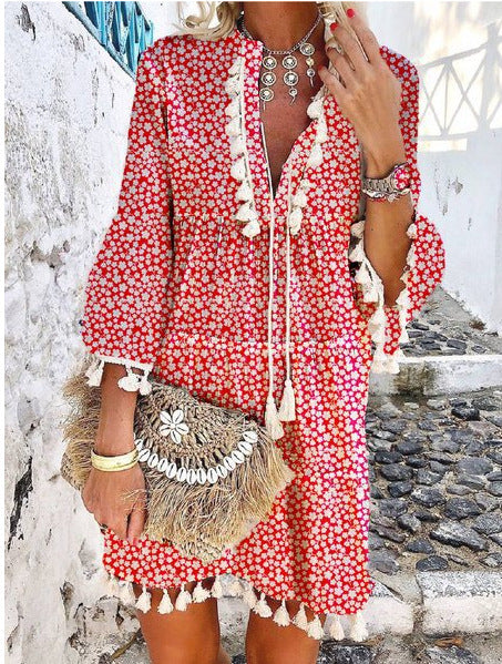Nova | V-Neck Tassel Detail Mini Dress - Elle & Milo