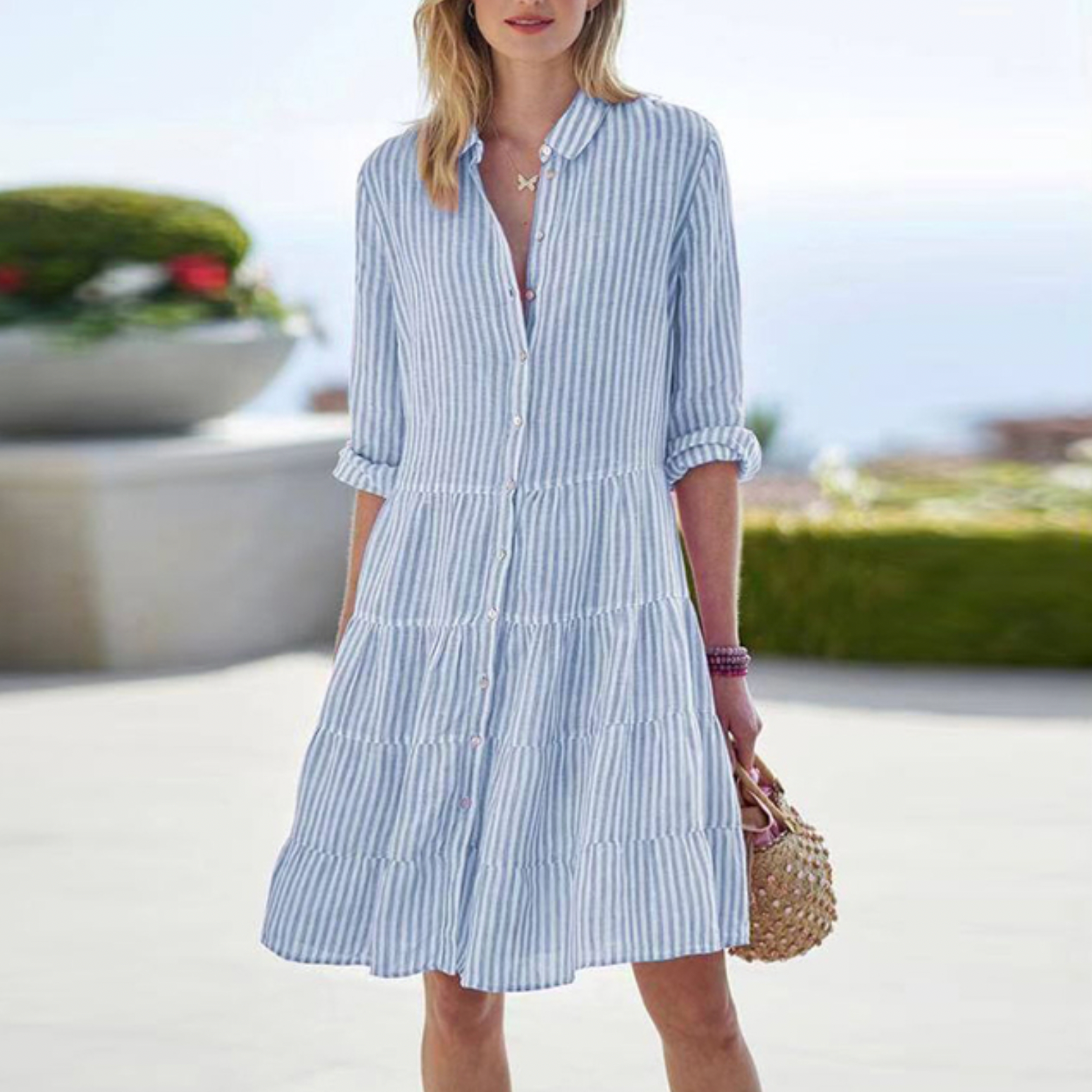 Astraea | Striped Button-Up Dress - Elle & Milo
