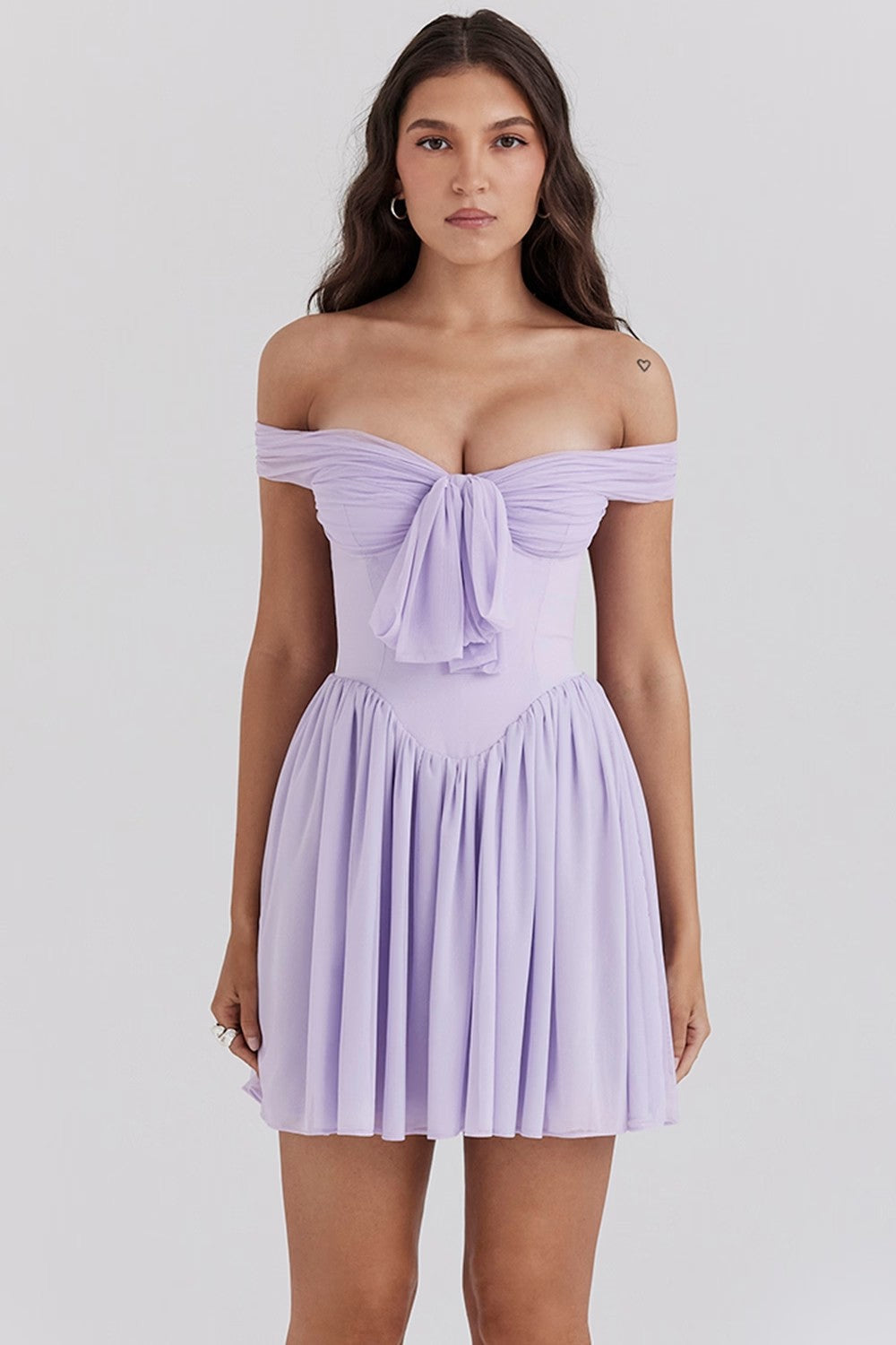 Aria | Off Shoulder Mini Dress Bow Front - Elle & Milo