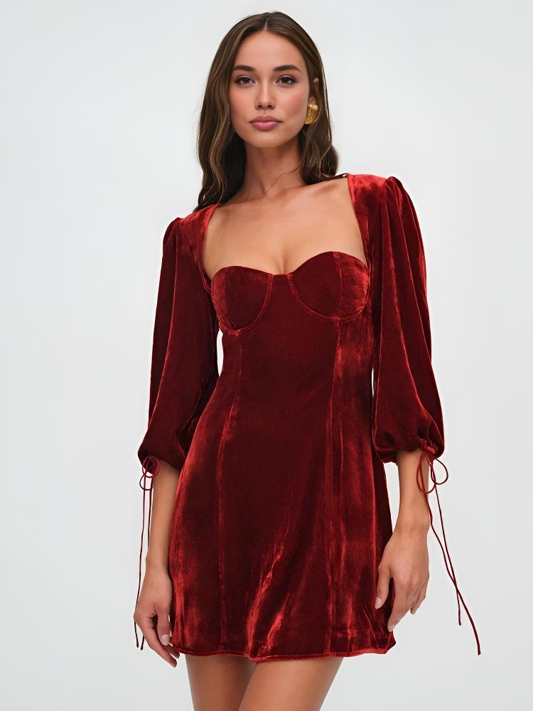 Crimson Dawn | Mini Dress Velvet Puff - Elle & Milo
