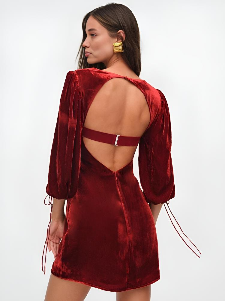 Crimson Dawn | Mini Dress Velvet Puff - Elle & Milo