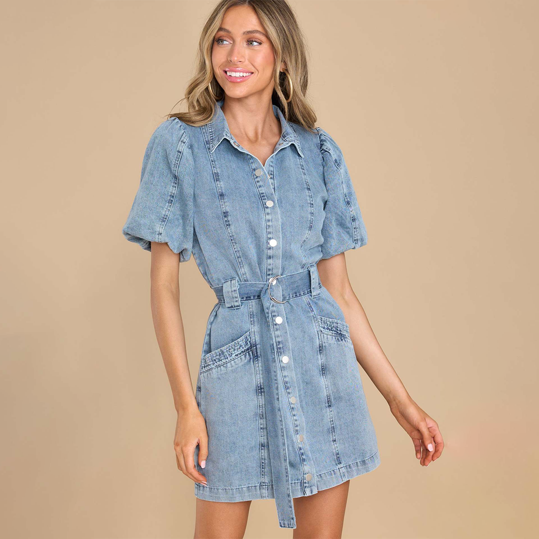Nova | Denim Shirt Dress Puff Sleeves - Elle & Milo