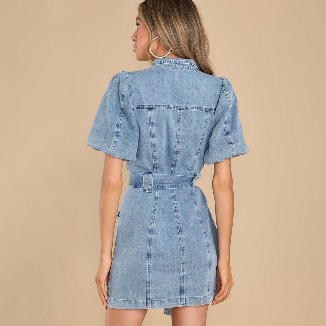 Nova | Denim Shirt Dress Puff Sleeves - Elle & Milo