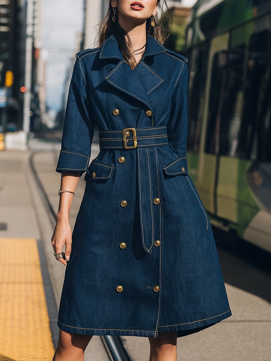 Elena | Belted Denim Trench Dress with Gold Buttons - Elle & Milo