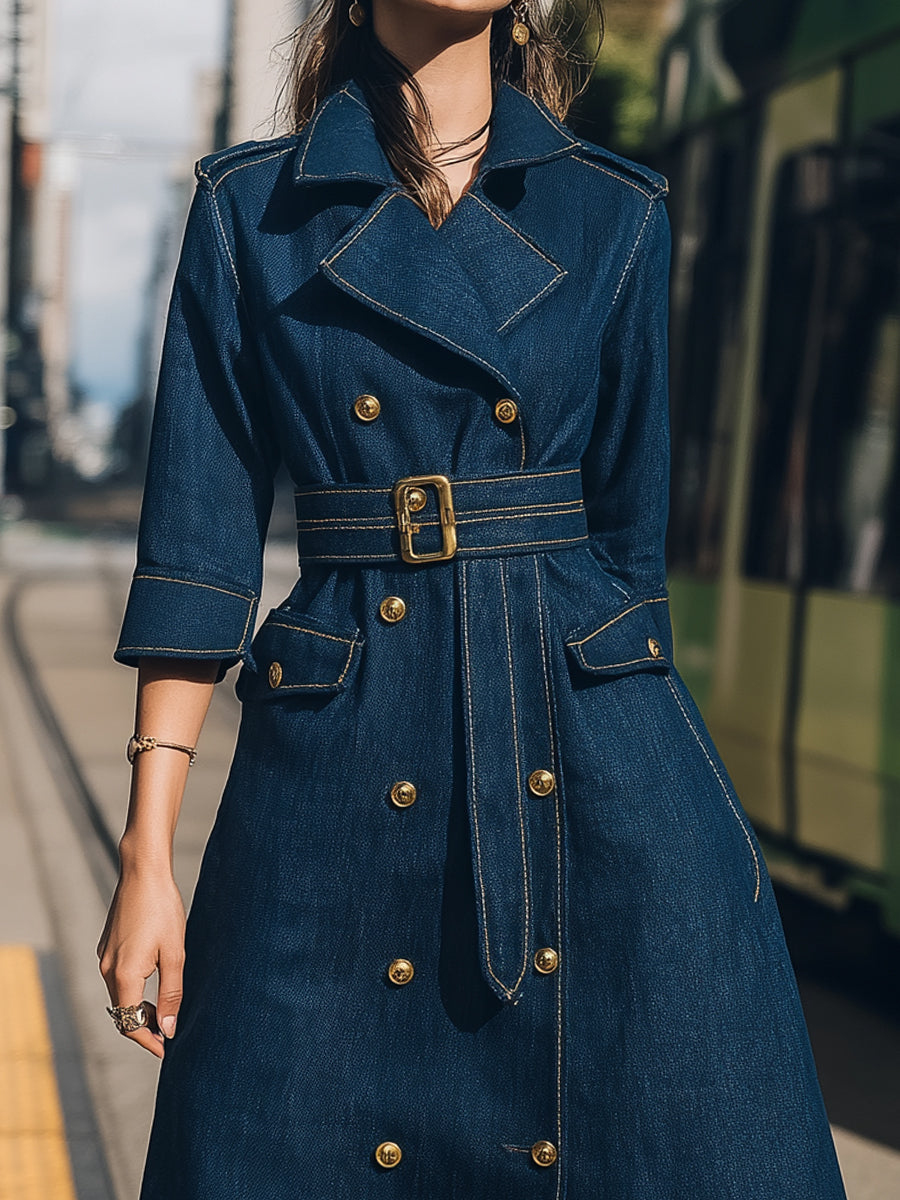 Elena | Belted Denim Trench Dress with Gold Buttons - Elle & Milo