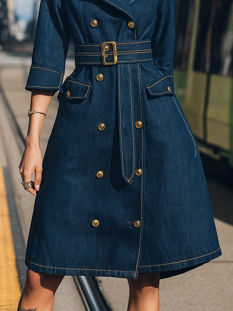Elena | Belted Denim Trench Dress with Gold Buttons - Elle & Milo