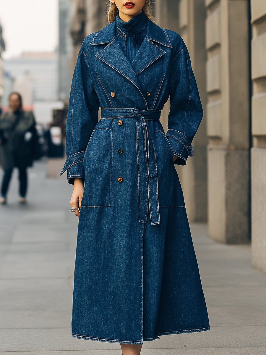 Elena | Double-Breasted Denim Trench Coat - Elle & Milo