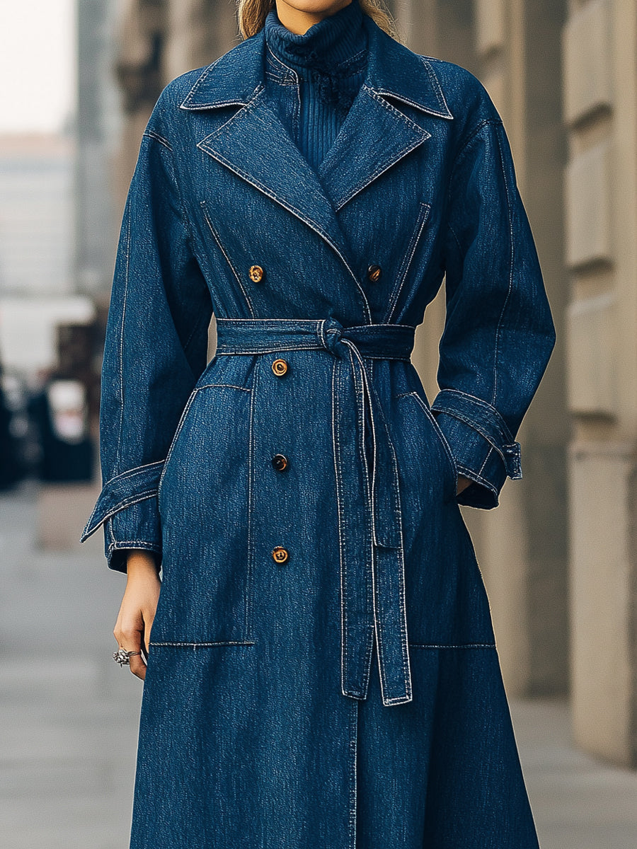 Elena | Double-Breasted Denim Trench Coat - Elle & Milo